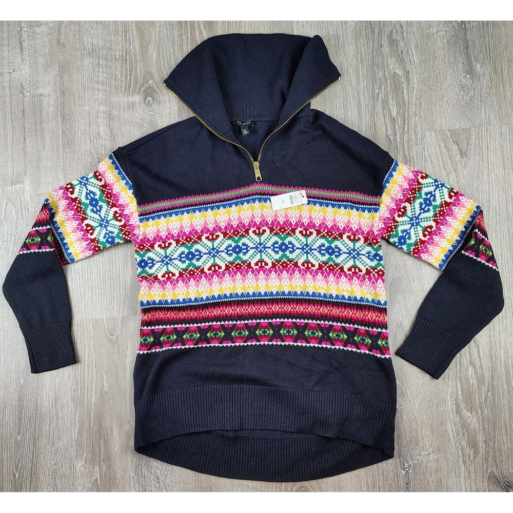 Talbots Fair Isle Lambswool‎ Blend Mock Neck 1/4 Zip Nordic Blue Pullover XS